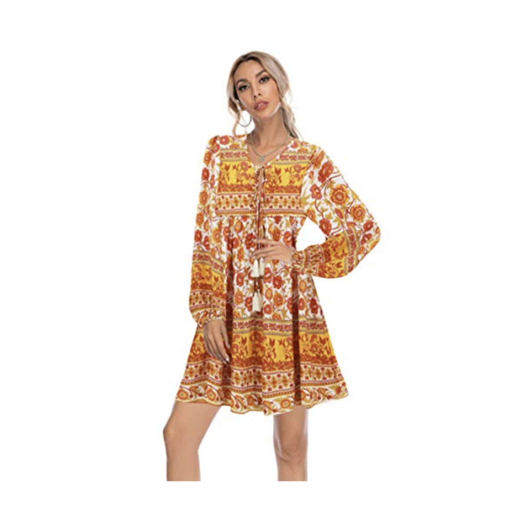 R.Vivimos Womens Long Sleeve Floral Casual Print Cotton Mini Tunic Dress Size S